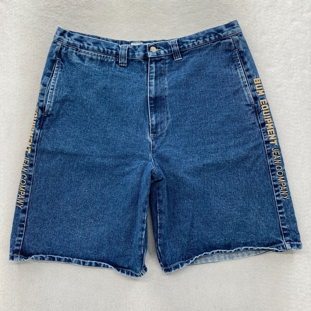 Vintage BUM Equipment Denim Jean Shorts Jorts 38 Blue Embroidered Y2K Skater